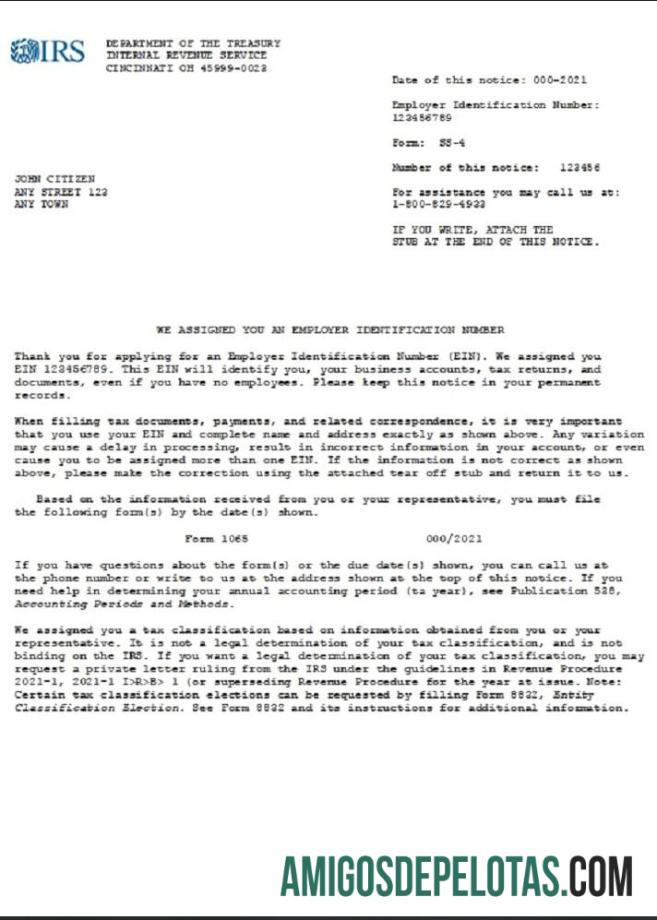 EUA INTERNAL REVENUE SERVICE (IRS) Número de identificação do empregador (EIN) Registro comercial amostra